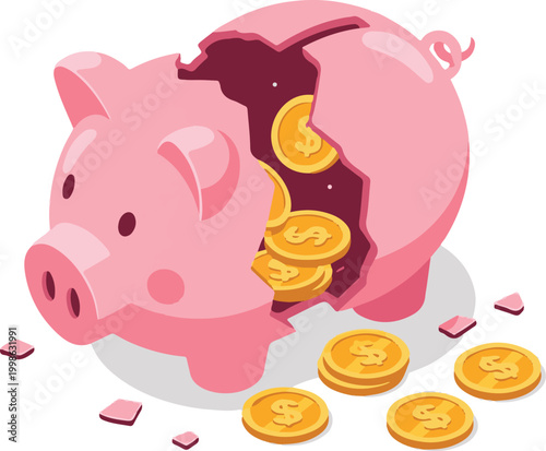 Isometric Black and White Broken Piggy Bank Silhouette with Coins