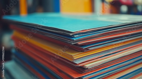 A charming collection of colorful paper stacked high rests on a table in a lively cafe. Sunlight filters through the windows, creating a warm and inviting atmosphere