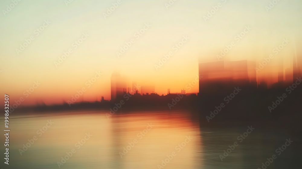 Naklejka premium As twilight settles, the city skyline transforms into a dreamlike silhouette against the radiant hues of sunset. Reflections shimmer on the calm water's surface, enchanting all who gaze upon it
