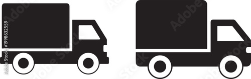 Two black delivery trucks icon set side view minimalist design for logistics and transportation