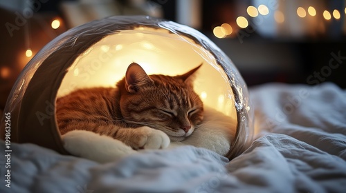 A ginger cat curls up and sleeps soundly inside a cozy, illuminated nook. Soft blankets cradle the feline, creating a serene nighttime atmosphere filled with warm light