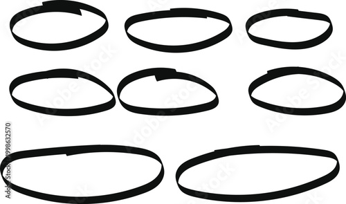 Collection of hand drawn black oval and ellipse shapes on a white background