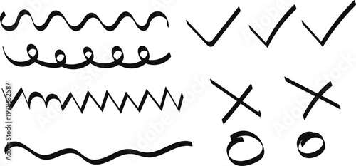 Collection of hand drawn scribble lines and basic shapes in black and white