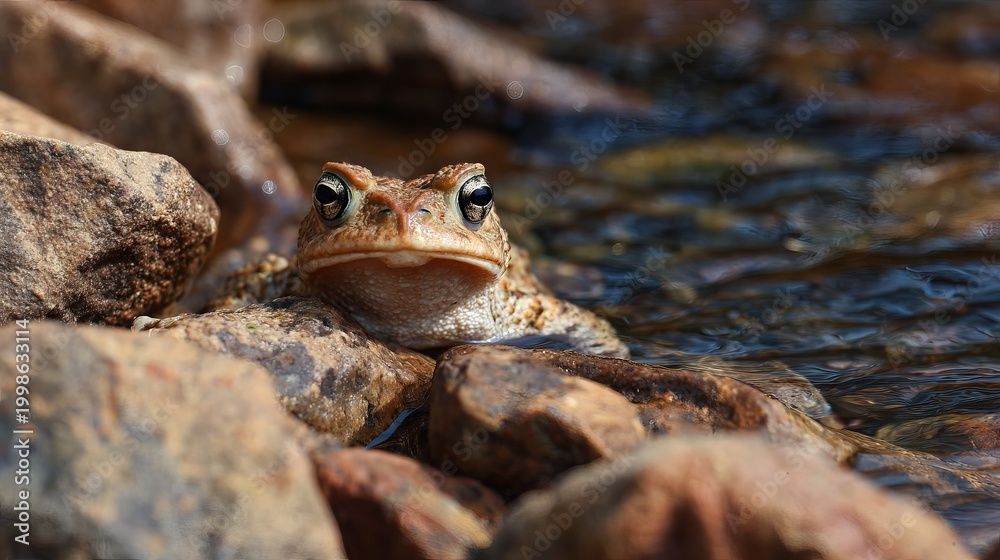 Obraz premium Toad watches from stream, resting on rocks, during breeding time.