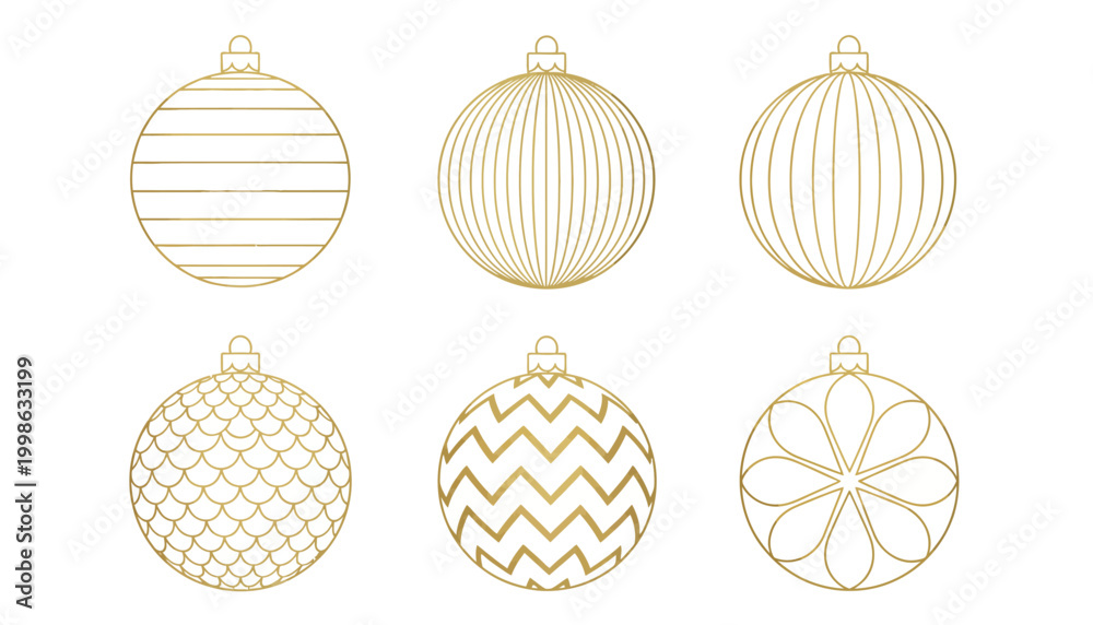Obraz premium Golden Christmas Ornaments, Gold Ornament Icons, Vector Holiday Decorations, 6 Ornaments Set