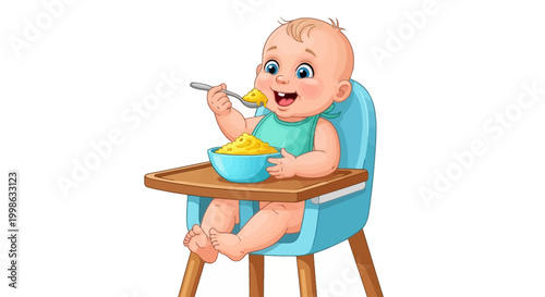 Baby eating, infant feeding, toddler mealtime, cartoon character, vector illustration