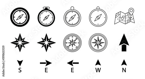 Navigation icons, compass symbols, directional arrows, map markers, vector graphics