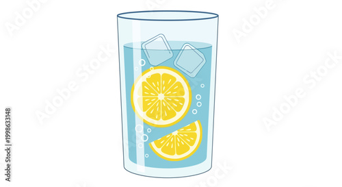 Refreshing glass of lemonade, citrus drink, summer beverage, ice cubes, vector illustration
