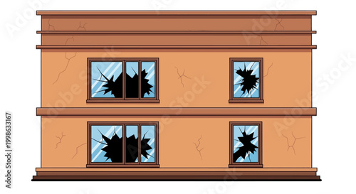 Broken window building, damaged house, shattered glass, destruction, vector illustration, orange wall, brown trim