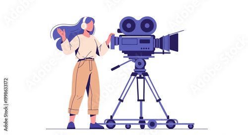 Film, cinema, video production, woman, camera, vector, illustration, movie maker, cinematographer, filmmaking, video creator
