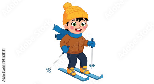 Cartoon child skier, winter sports illustration, kids skiing, colorful vector graphic