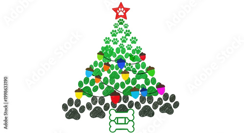 Christmas tree, dog paw print, pet holiday decoration, green, colorful, vector icon