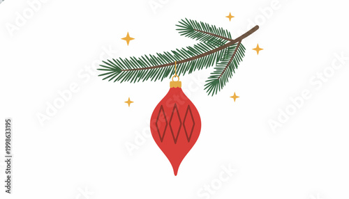Christmas ornament, red bauble, hanging pine branch, festive decoration, holiday icon, vector graphic