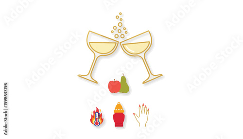 Vector festive icons, party symbols, wine glasses, celebration elements, colorful graphics