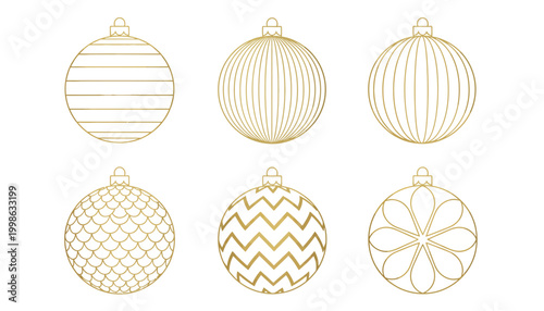 Golden Christmas Ornaments, Gold Ornament Icons, Vector Holiday Decorations, 6 Ornaments Set