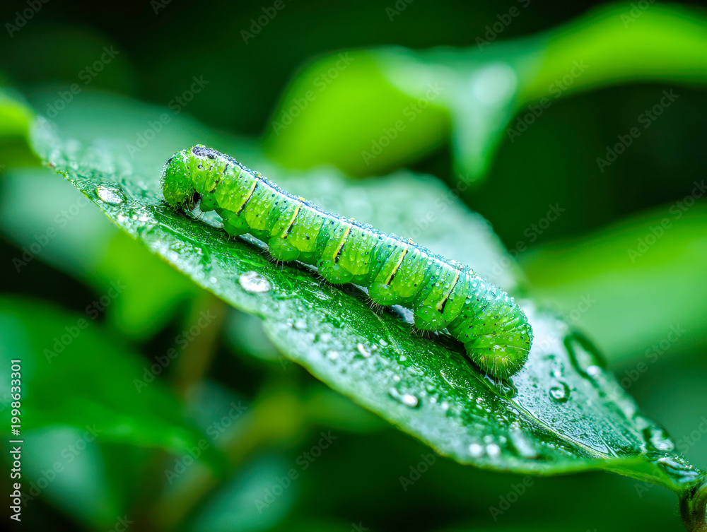 Obraz premium Vibrant green caterpillar covered in morning dew resting on a fresh leaf amidst lush natural foliage in a close-up macro nature scene with soft background blur