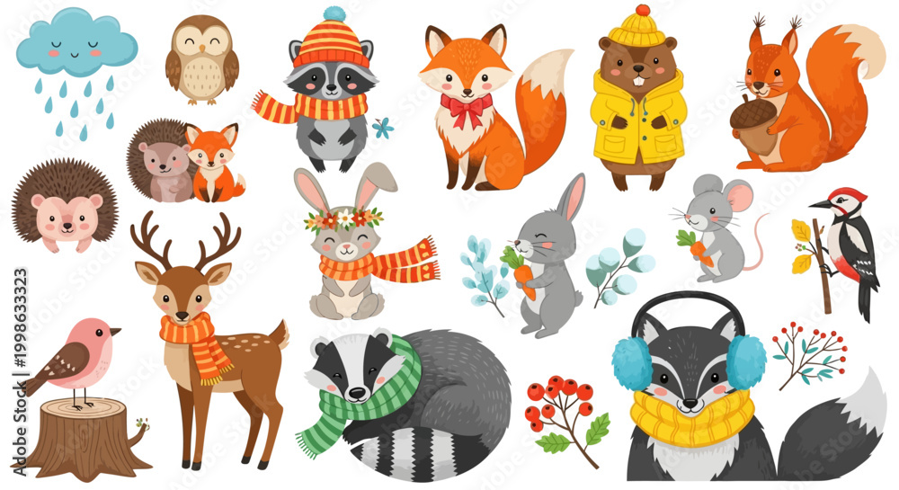 Fototapeta premium Winter forest animals, cute cartoon set, 20 vector icons, colorful illustrations, wildlife collection