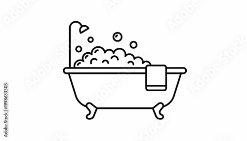 Bubble bath, vintage clawfoot tub, bathroom icon, line art, black and white