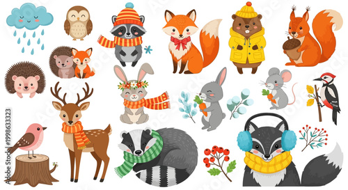 Winter forest animals, cute cartoon set, 20 vector icons, colorful illustrations, wildlife collection
