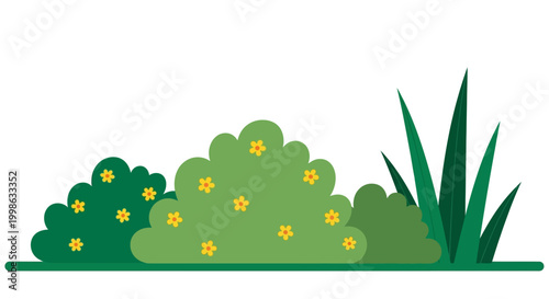 Vector green bushes with yellow flowers, garden foliage illustration, landscape design elements, floral border