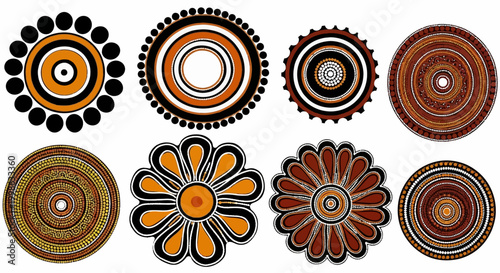 Vibrant Aboriginal inspired mandalas, bohemian circular patterns, colorful floral designs, 8 vector icons set