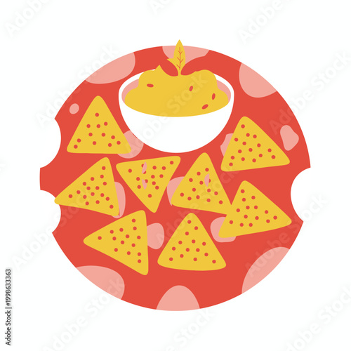 Tasty nachos with melted cheese dip on red plate.