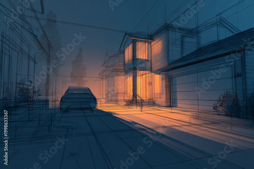 Sketchy suburban street scene with house and car at dusk for architecture concepts