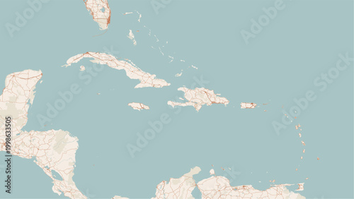 Modern minimalist black and white vector map of the Caribbean Sea. High-quality SVG illustration of the Antilles islands, coastline, and maritime borders for travel posters and infographics.