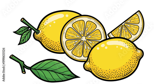 Vibrant lemons, lemon slices, citrus fruits, yellow icons, food illustrations