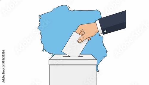 Voting, election, ballot box, democracy, hand casting vote, blue map background, vector illustration