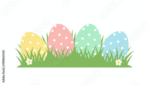 Easter eggs, pastel colored eggs, grass and flowers, vector illustration, springtime decoration, holiday icons