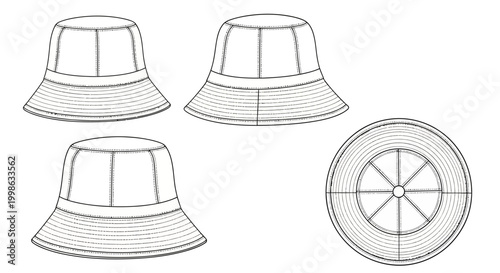 Bucket hat, technical drawings, line art, fashion design elements, 4 illustrations