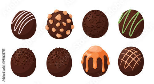 Chocolate truffles, assorted desserts, sweet treats, brown candies, vector icons