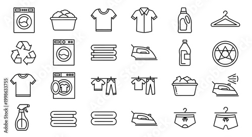 Laundry icons, washing symbols, cleaning signs, 20 line style graphics, vector illustrations