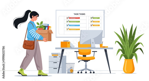 Office, quitting job, woman leaving workplace, carrying box, resignation, employee departure, business vector