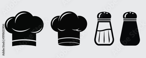 Black and white illustration of chef cap and Salt cellar on a light gray background