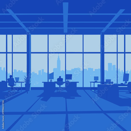 Office view of urban skyline with people working in a sunny environment during the day Generative AI