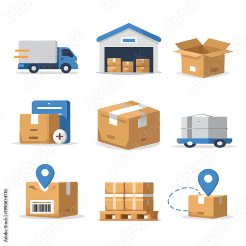 Logistics and Courier Delivery Service Icon Set: Shipping, Warehouse, and Package Tracking Symbols