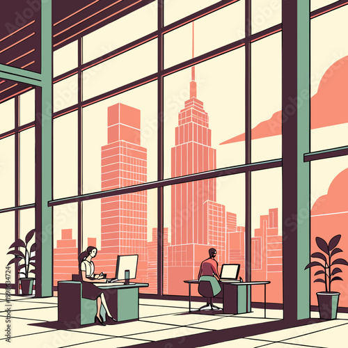 Modern office environment with city views and people working during the day in a bright and open space Generative AI