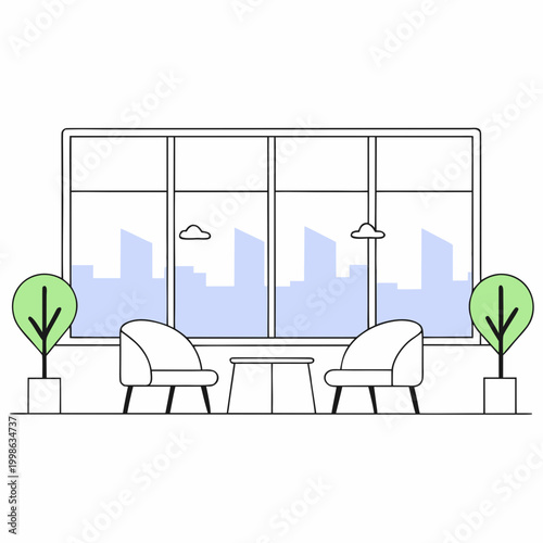 Two chairs and a table in a room with large windows showing a city skyline and plants placed on either side Generative AI