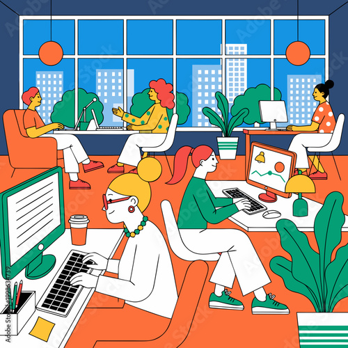 Office workspace with people engaged in various tasks during a bright day in the city setting Generative AI