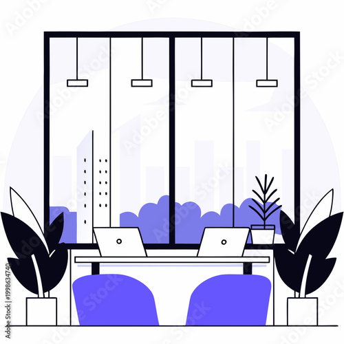 Modern office with two laptops and plants in front of large windows during daylight hours Generative AI