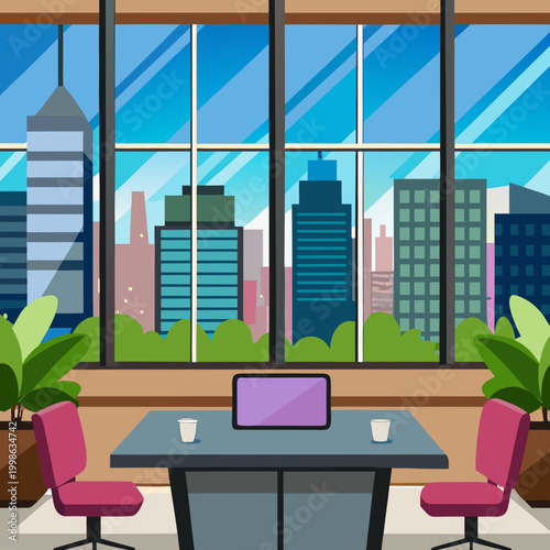 Office space with desks and windows showing city skyline during day Generative AI