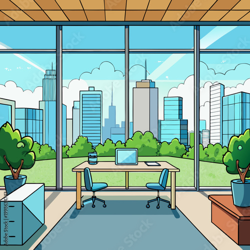 Office view of city skyline with buildings and green trees under clear sky in daytime Generative AI
