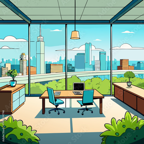 Office space with city view in bright daylight surrounded by green plants and modern furniture Generative AI