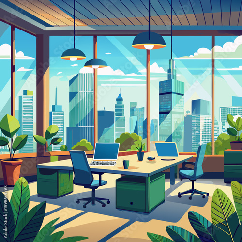 Modern office space with large windows and city view, showcasing plants and workstations during daytime hours Generative AI