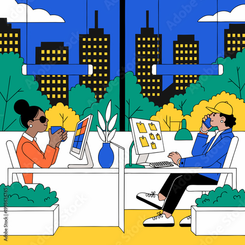 Two people work in a bright office with city views while drinking coffee and talking on the phone Generative AI