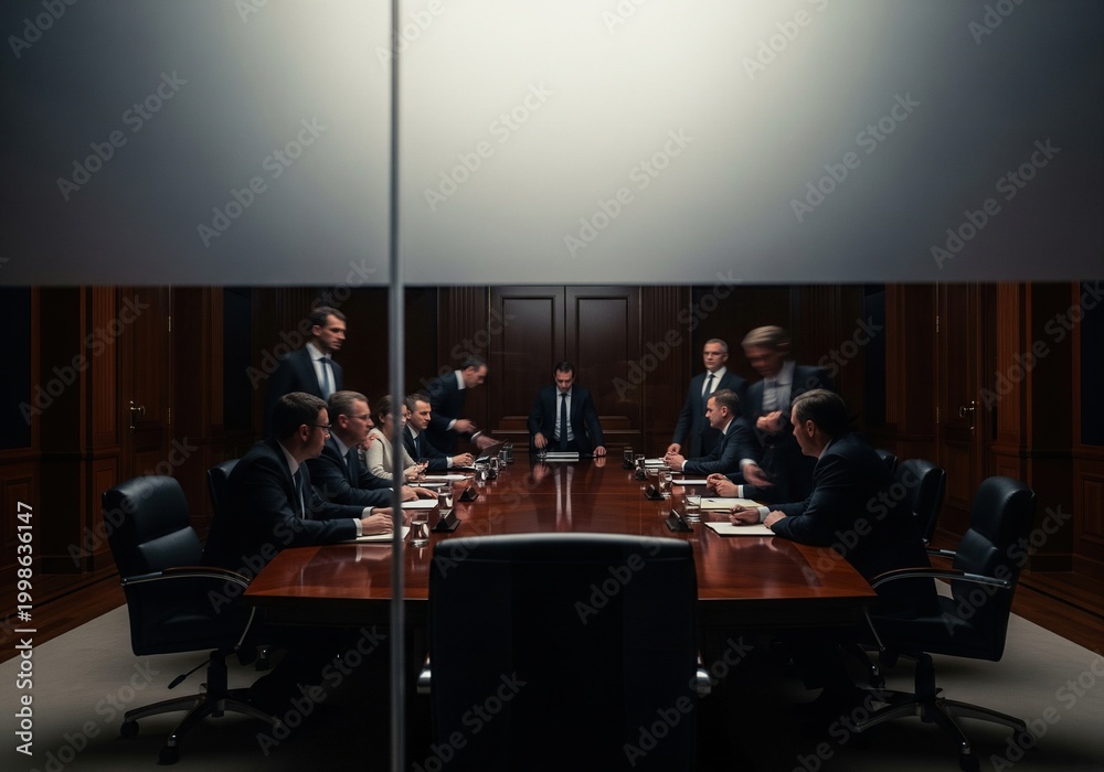 Fototapeta premium Businessmen in suits in a tense boardroom meeting, discussing important strategy around a large table