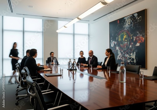 Diverse business professionals in a modern boardroom meeting, discussing strategy around a polished table