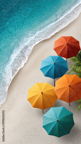 Vacation relaxation concept with vibrant beach umbrellas and empty lounge chairs on white sand, tranquil ocean waves washing shore inviting travel and summer holidays